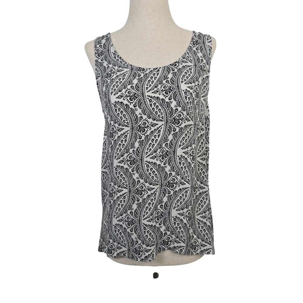 Theory Womens Black White Paisley 100% Silk Twisted Racerback Tank Top Blouse M